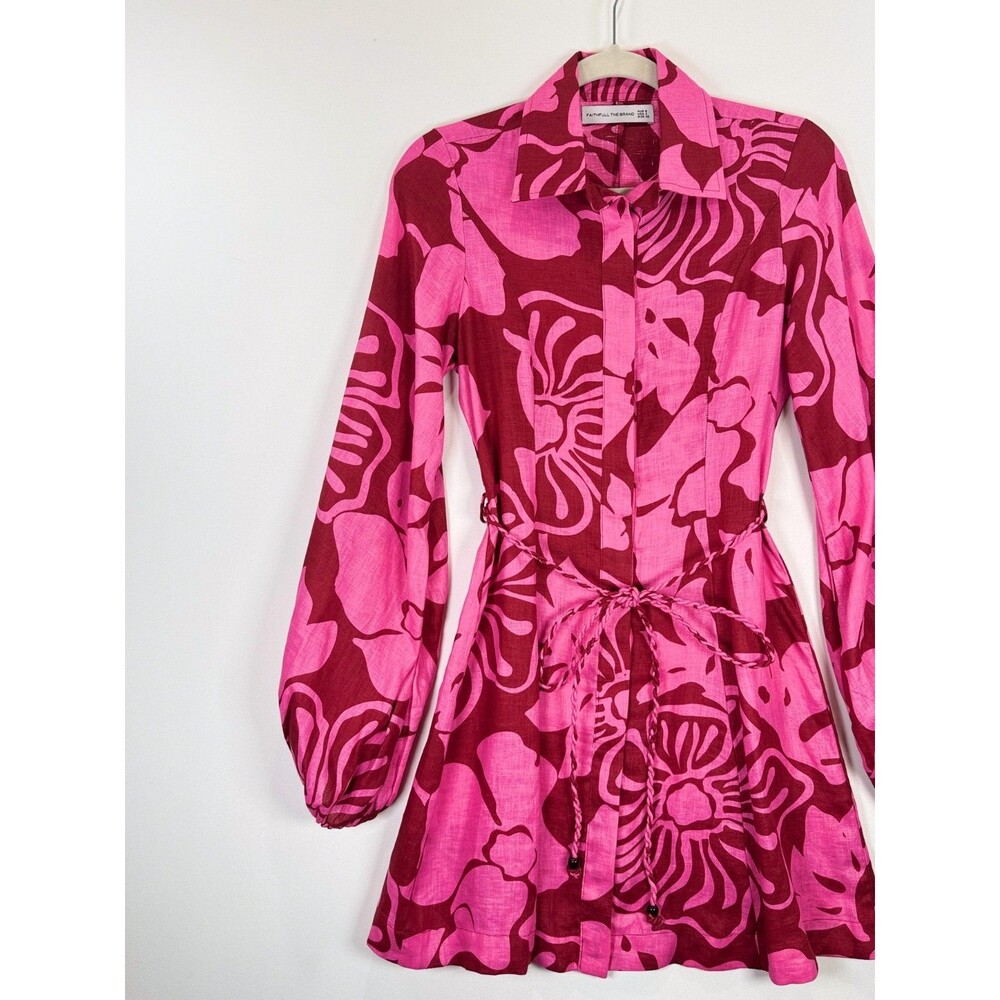 FAITHFULL THE BRAND Mini Dress Pink Rae Linen Floral Long Sleeve Boho Size 2 - Picture 7 of 12